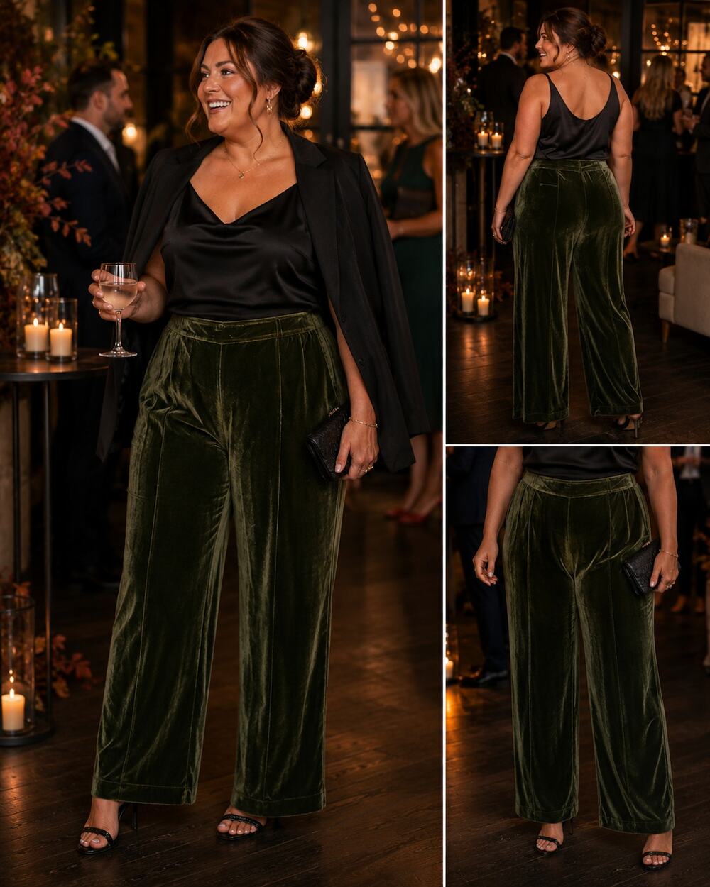 Massimo Dutti Olive Green Velvet Wide Leg Pants Size 12 Luxe Glam